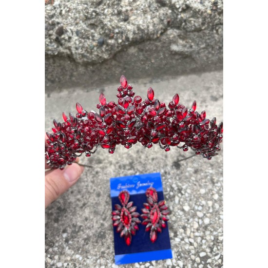 Aldonsa Bordo Gelin Kına Tacı Özel Gün Aksesuar Kadın Taç Ve İnce Mekik Küpe Takımı-ALDONSA-22 Aldonsa Bordo Gelin Kına Tacı Özel Gün Aksesuar Kadın Taç Ve İnce Mekik Küpe Takımı-ALDONSA-22