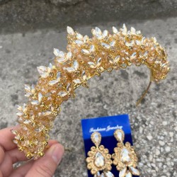 Aldonsa Gold Gelin Kına Tacı Özel Gün Aksesuar Kadın Taç Ve Üç Mekik Küpe Takımı-ALDONSA-23 Aldonsa Gold Gelin Kına Tacı Özel Gün Aksesuar Kadın Taç Ve Üç Mekik Küpe Takımı-ALDONSA-23