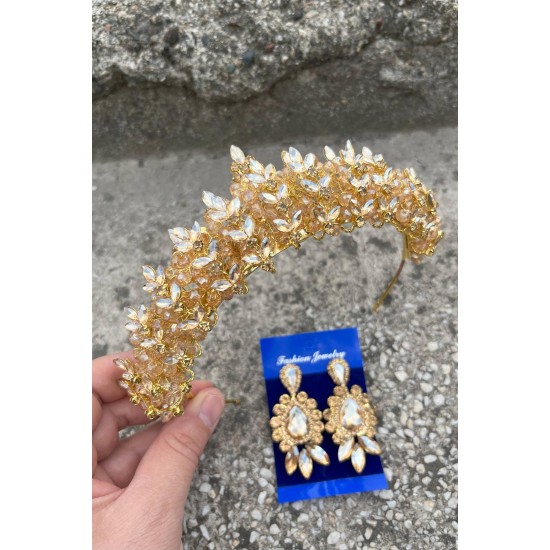 Aldonsa Gold Gelin Kına Tacı Özel Gün Aksesuar Kadın Taç Ve Üç Mekik Küpe Takımı-ALDONSA-23 Aldonsa Gold Gelin Kına Tacı Özel Gün Aksesuar Kadın Taç Ve Üç Mekik Küpe Takımı-ALDONSA-23