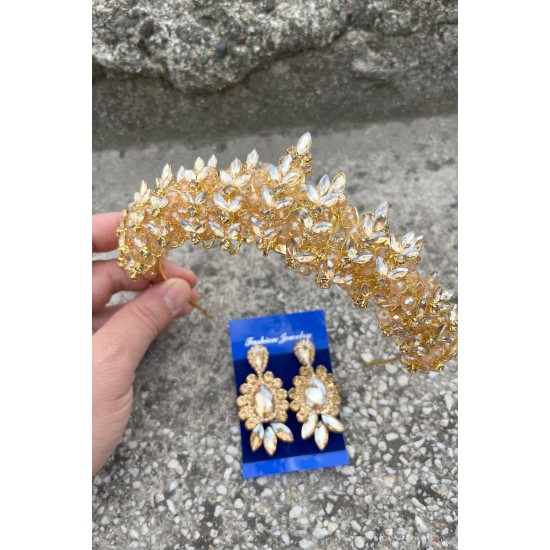 Aldonsa Gold Gelin Kına Tacı Özel Gün Aksesuar Kadın Taç Ve Üç Mekik Küpe Takımı-ALDONSA-23 Aldonsa Gold Gelin Kına Tacı Özel Gün Aksesuar Kadın Taç Ve Üç Mekik Küpe Takımı-ALDONSA-23