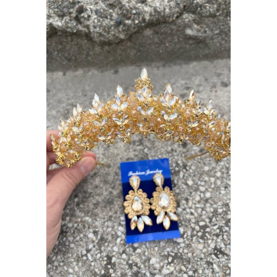Aldonsa Gold Gelin Kına Tacı Özel Gün Aksesuar Kadın Taç Ve Üç Mekik Küpe Takımı-ALDONSA-23 Aldonsa Gold Gelin Kına Tacı Özel Gün Aksesuar Kadın Taç Ve Üç Mekik Küpe Takımı-ALDONSA-23