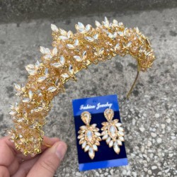 Aldonsa Gold Gelin Kına Tacı Özel Gün Aksesuar Kadın Taç Ve İnce Mekik Küpe Takımı-ALDONSA-25 Aldonsa Gold Gelin Kına Tacı Özel Gün Aksesuar Kadın Taç Ve İnce Mekik Küpe Takımı-ALDONSA-25