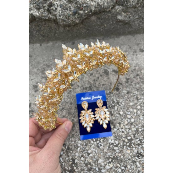 Aldonsa Gold Gelin Kına Tacı Özel Gün Aksesuar Kadın Taç Ve İnce Mekik Küpe Takımı-ALDONSA-25 Aldonsa Gold Gelin Kına Tacı Özel Gün Aksesuar Kadın Taç Ve İnce Mekik Küpe Takımı-ALDONSA-25