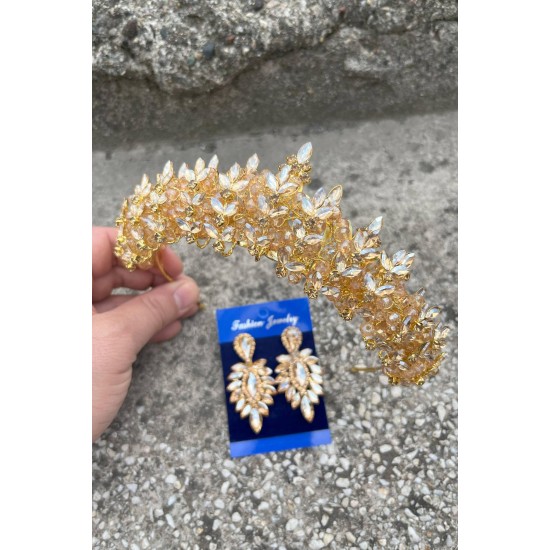 Aldonsa Gold Gelin Kına Tacı Özel Gün Aksesuar Kadın Taç Ve İnce Mekik Küpe Takımı-ALDONSA-25 Aldonsa Gold Gelin Kına Tacı Özel Gün Aksesuar Kadın Taç Ve İnce Mekik Küpe Takımı-ALDONSA-25