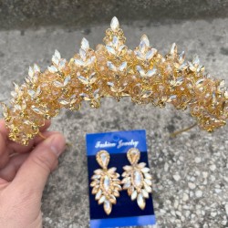 Aldonsa Gold Gelin Kına Tacı Özel Gün Aksesuar Kadın Taç Ve İnce Mekik Küpe Takımı-ALDONSA-25 Aldonsa Gold Gelin Kına Tacı Özel Gün Aksesuar Kadın Taç Ve İnce Mekik Küpe Takımı-ALDONSA-25