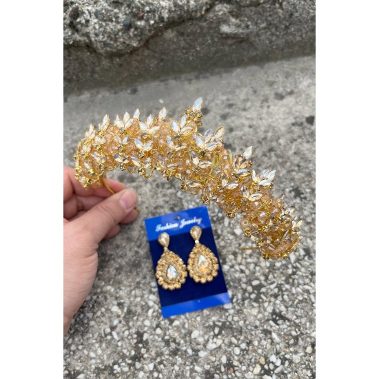 Aldonsa Gold Gelin Kına Tacı Özel Gün Aksesuar Kadın Taç Ve Damla Mekik Küpe Takımı-ALDONSA-26