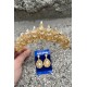Aldonsa Gold Gelin Kına Tacı Özel Gün Aksesuar Kadın Taç Ve Damla Mekik Küpe Takımı-ALDONSA-26
