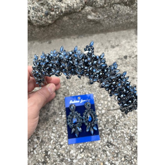 Aldonsa Lacivert Gelin Kına Tacı Özel Gün Aksesuar Kadın Taç Ve Üç Mekik Küpe Takımı-ALDONSA-30 Aldonsa Lacivert Gelin Kına Tacı Özel Gün Aksesuar Kadın Taç Ve Üç Mekik Küpe Takımı-ALDONSA-30