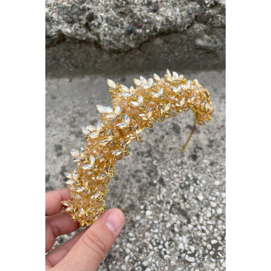 Aldonsa Gold Gelin Kına Tacı Özel Gün Aksesuar Kadın Taç Saç Aksesuarı-ALDONSA-5
