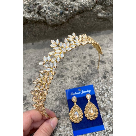 Alejandro Gold Gelin Kına Tacı Özel Gün Aksesuar Kadın Taç Ve Damla Mekik Küpe Takımı-ALEJANDRO-29 Alejandro Gold Gelin Kına Tacı Özel Gün Aksesuar Kadın Taç Ve Damla Mekik Küpe Takımı-ALEJANDRO-29