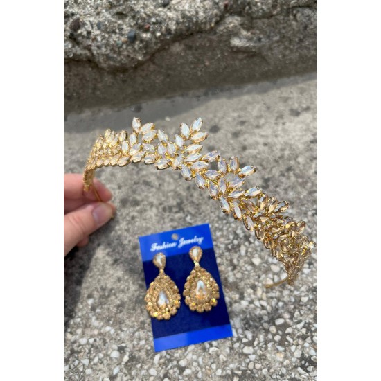 Alejandro Gold Gelin Kına Tacı Özel Gün Aksesuar Kadın Taç Ve Damla Mekik Küpe Takımı-ALEJANDRO-29 Alejandro Gold Gelin Kına Tacı Özel Gün Aksesuar Kadın Taç Ve Damla Mekik Küpe Takımı-ALEJANDRO-29