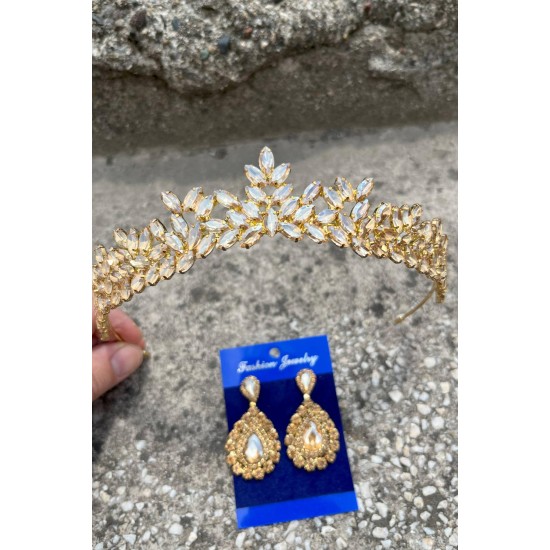 Alejandro Gold Gelin Kına Tacı Özel Gün Aksesuar Kadın Taç Ve Damla Mekik Küpe Takımı-ALEJANDRO-29 Alejandro Gold Gelin Kına Tacı Özel Gün Aksesuar Kadın Taç Ve Damla Mekik Küpe Takımı-ALEJANDRO-29