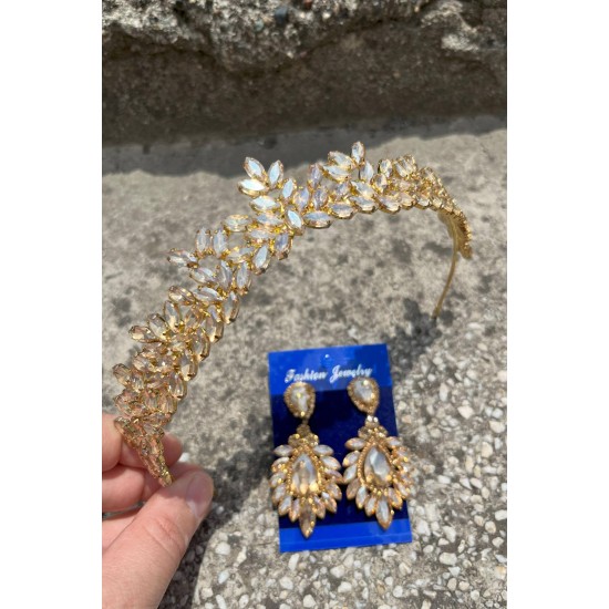 Alejandro Gold Gelin Kına Tacı Özel Gün Aksesuar Kadın Taç Ve Geniş Mekik Küpe Takımı-ALEJANDRO-31 Alejandro Gold Gelin Kına Tacı Özel Gün Aksesuar Kadın Taç Ve Geniş Mekik Küpe Takımı-ALEJANDRO-31