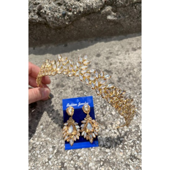 Alejandro Gold Gelin Kına Tacı Özel Gün Aksesuar Kadın Taç Ve Geniş Mekik Küpe Takımı-ALEJANDRO-31 Alejandro Gold Gelin Kına Tacı Özel Gün Aksesuar Kadın Taç Ve Geniş Mekik Küpe Takımı-ALEJANDRO-31