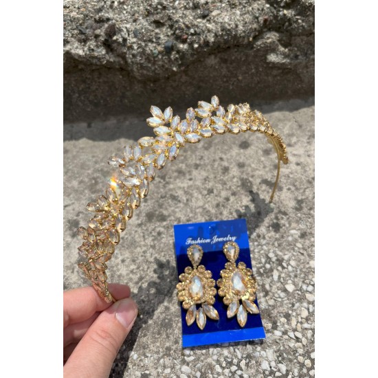 Alejandro Gold Gelin Kına Tacı Özel Gün Aksesuar Kadın Taç Ve Üç Mekik Küpe Takımı-ALEJANDRO-32 Alejandro Gold Gelin Kına Tacı Özel Gün Aksesuar Kadın Taç Ve Üç Mekik Küpe Takımı-ALEJANDRO-32
