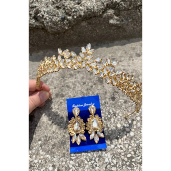 Alejandro Gold Gelin Kına Tacı Özel Gün Aksesuar Kadın Taç Ve Üç Mekik Küpe Takımı-ALEJANDRO-32 Alejandro Gold Gelin Kına Tacı Özel Gün Aksesuar Kadın Taç Ve Üç Mekik Küpe Takımı-ALEJANDRO-32