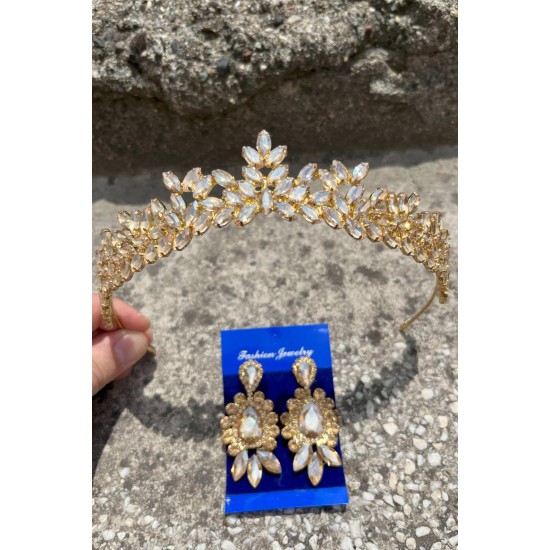 Alejandro Gold Gelin Kına Tacı Özel Gün Aksesuar Kadın Taç Ve Üç Mekik Küpe Takımı-ALEJANDRO-32 Alejandro Gold Gelin Kına Tacı Özel Gün Aksesuar Kadın Taç Ve Üç Mekik Küpe Takımı-ALEJANDRO-32