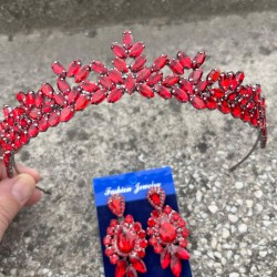 Alejandro Kırmızı Gelin Kına Tacı Özel Gün Aksesuar Kadın Taç Ve Üç Mekik Küpe Takımı-ALEJANDRO-44 Alejandro Kırmızı Gelin Kına Tacı Özel Gün Aksesuar Kadın Taç Ve Üç Mekik Küpe Takımı-ALEJANDRO-44