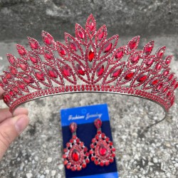 Alexa Kırmızı Gelin Kına Tacı Özel Gün Aksesuar Kadın Taç Ve Damla Mekik Küpe Takımı-ALEXA-10