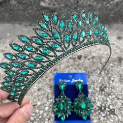 Alexa Yeşil Gelin Kına Tacı Özel Gün Aksesuar Kadın Taç Ve Geniş Mekik Küpe Takımı-ALEXA-11