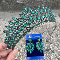 Alexa Yeşil Gelin Kına Tacı Özel Gün Aksesuar Kadın Taç Ve İnce Mekik Küpe Takımı-ALEXA-12