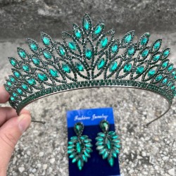 Alexa Yeşil Gelin Kına Tacı Özel Gün Aksesuar Kadın Taç Ve İnce Mekik Küpe Takımı-ALEXA-12