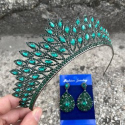 Alexa Yeşil Gelin Kına Tacı Özel Gün Aksesuar Kadın Taç Ve Damla Mekik Küpe Takımı-ALEXA-13