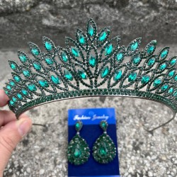 Alexa Yeşil Gelin Kına Tacı Özel Gün Aksesuar Kadın Taç Ve Damla Mekik Küpe Takımı-ALEXA-13