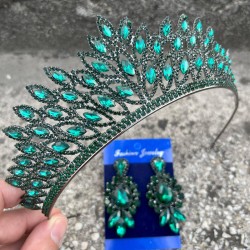 Alexa Yeşil Gelin Kına Tacı Özel Gün Aksesuar Kadın Taç Ve Üç Mekik Küpe Takımı-ALEXA-14