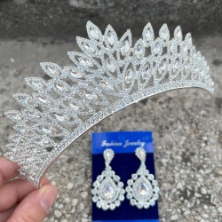 Alexa Gümüş Gelin Kına Tacı Özel Gün Aksesuar Kadın Taç Ve Damla Mekik Küpe Takımı-ALEXA-15
