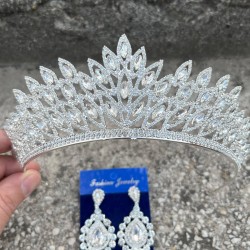 Alexa Gümüş Gelin Kına Tacı Özel Gün Aksesuar Kadın Taç Ve Damla Mekik Küpe Takımı-ALEXA-15