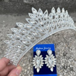 Alexa Gümüş Gelin Kına Tacı Özel Gün Aksesuar Kadın Taç Ve İnce Mekik Küpe Takımı-ALEXA-17