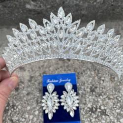 Alexa Gümüş Gelin Kına Tacı Özel Gün Aksesuar Kadın Taç Ve İnce Mekik Küpe Takımı-ALEXA-17