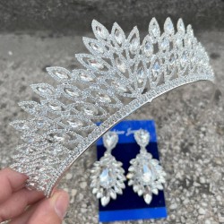 Alexa Gümüş Gelin Kına Tacı Özel Gün Aksesuar Kadın Taç Ve Geniş Mekik Küpe Takımı-ALEXA-18