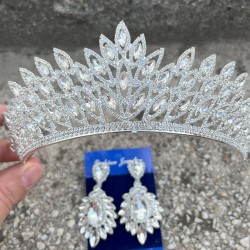 Alexa Gümüş Gelin Kına Tacı Özel Gün Aksesuar Kadın Taç Ve Geniş Mekik Küpe Takımı-ALEXA-18