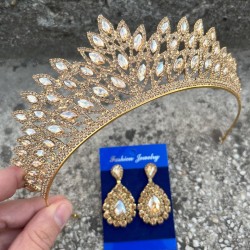 Alexa Gold Gelin Kına Tacı Özel Gün Aksesuar Kadın Taç Ve Damla Mekik Küpe Takımı-ALEXA-23