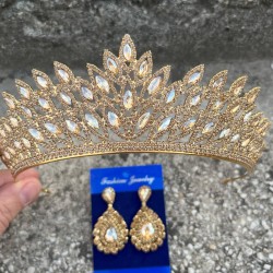 Alexa Gold Gelin Kına Tacı Özel Gün Aksesuar Kadın Taç Ve Damla Mekik Küpe Takımı-ALEXA-23