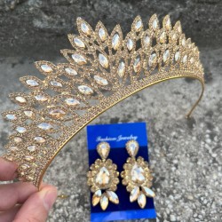 Alexa Gold Gelin Kına Tacı Özel Gün Aksesuar Kadın Taç Ve Üç Mekik Küpe Takımı-ALEXA-24