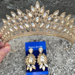 Alexa Gold Gelin Kına Tacı Özel Gün Aksesuar Kadın Taç Ve Üç Mekik Küpe Takımı-ALEXA-24