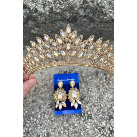Alexa Gold Gelin Kına Tacı Özel Gün Aksesuar Kadın Taç Ve Üç Mekik Küpe Takımı-ALEXA-24 Alexa Gold Gelin Kına Tacı Özel Gün Aksesuar Kadın Taç Ve Üç Mekik Küpe Takımı-ALEXA-24