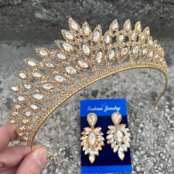 Alexa Gold Gelin Kına Tacı Özel Gün Aksesuar Kadın Taç Ve İnce Mekik Küpe Takımı-ALEXA-25