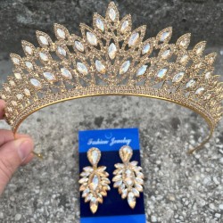 Alexa Gold Gelin Kına Tacı Özel Gün Aksesuar Kadın Taç Ve İnce Mekik Küpe Takımı-ALEXA-25