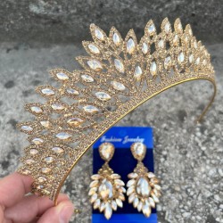 Alexa Gold Gelin Kına Tacı Özel Gün Aksesuar Kadın Taç Ve Geniş Mekik Küpe Takımı-ALEXA-26