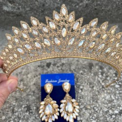 Alexa Gold Gelin Kına Tacı Özel Gün Aksesuar Kadın Taç Ve Geniş Mekik Küpe Takımı-ALEXA-26