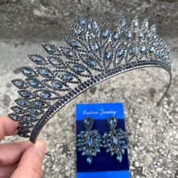 Alexa Lacivert Gelin Kına Tacı Özel Gün Aksesuar Kadın Taç Ve İnce Mekik Küpe Takımı-ALEXA-27