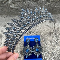 Alexa Lacivert Gelin Kına Tacı Özel Gün Aksesuar Kadın Taç Ve Geniş Mekik Küpe Takımı-ALEXA-28