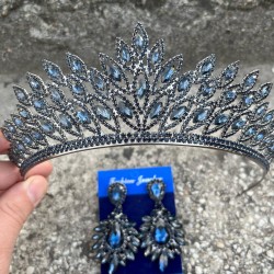 Alexa Lacivert Gelin Kına Tacı Özel Gün Aksesuar Kadın Taç Ve Geniş Mekik Küpe Takımı-ALEXA-28