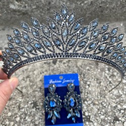 Alexa Lacivert Gelin Kına Tacı Özel Gün Aksesuar Kadın Taç Ve Üç Mekik Küpe Takımı-ALEXA-29