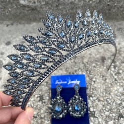 Alexa Lacivert Gelin Kına Tacı Özel Gün Aksesuar Kadın Taç Ve Damla Mekik Küpe Takımı-ALEXA-30