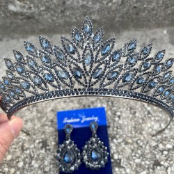 Alexa Lacivert Gelin Kına Tacı Özel Gün Aksesuar Kadın Taç Ve Damla Mekik Küpe Takımı-ALEXA-30